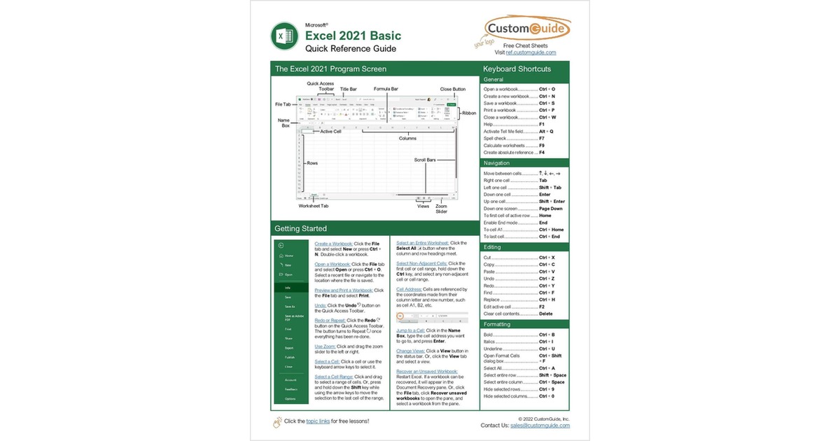 Microsoft Excel 2021 Basic -- Quick Reference Guide