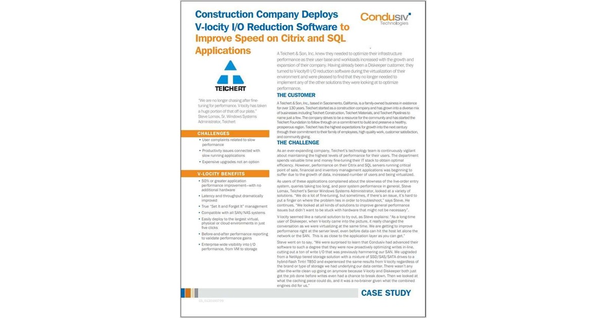 Construction Company Deploys V-locity I/O Reduction Software to Improve Speed on Citrix and SQL Applications