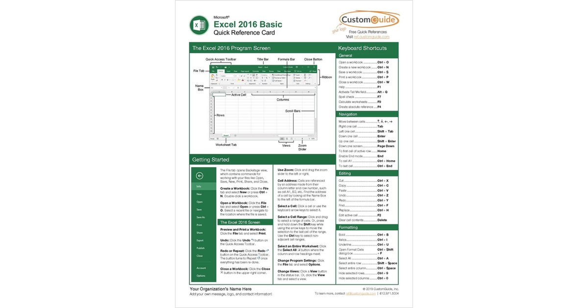 Microsoft Excel 2016 Basic - Quick Reference Guide