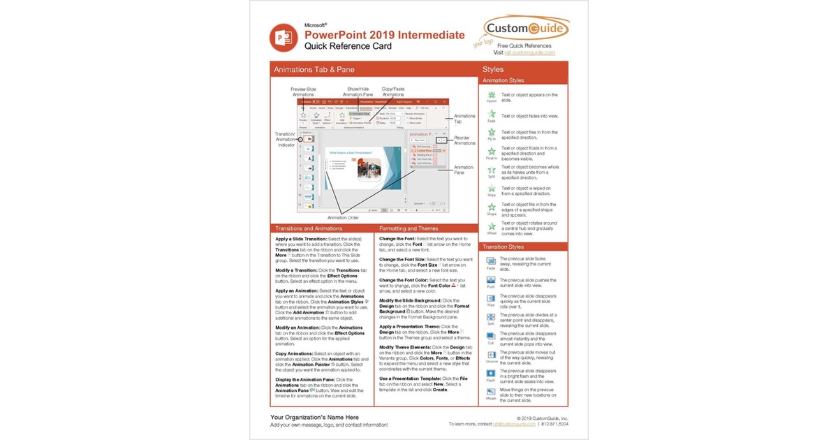 Microsoft PowerPoint 2019 Intermediate - Quick Reference Card