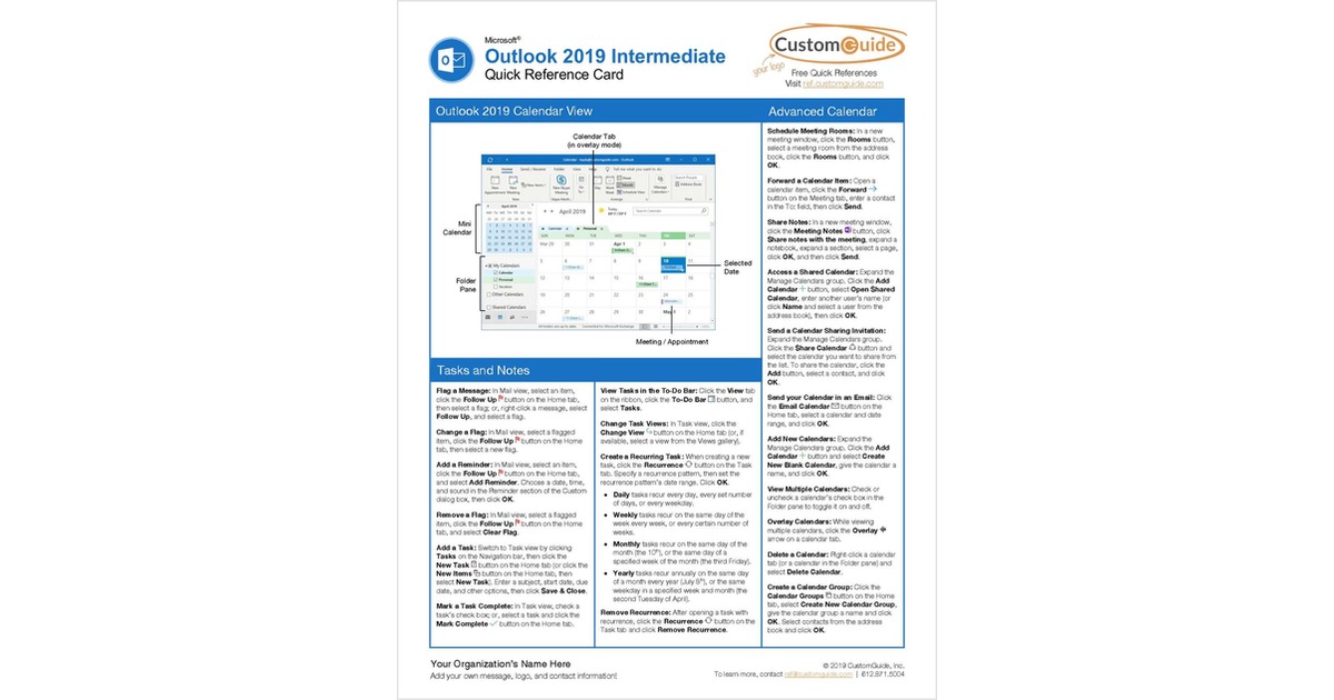 Microsoft Outlook 2019 Intermediate - Quick Reference Card