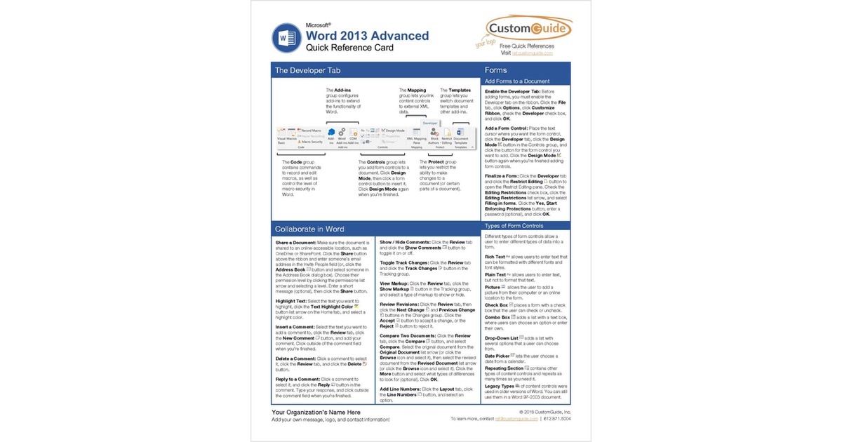 Microsoft Word 2013 Advanced - Quick Reference Card