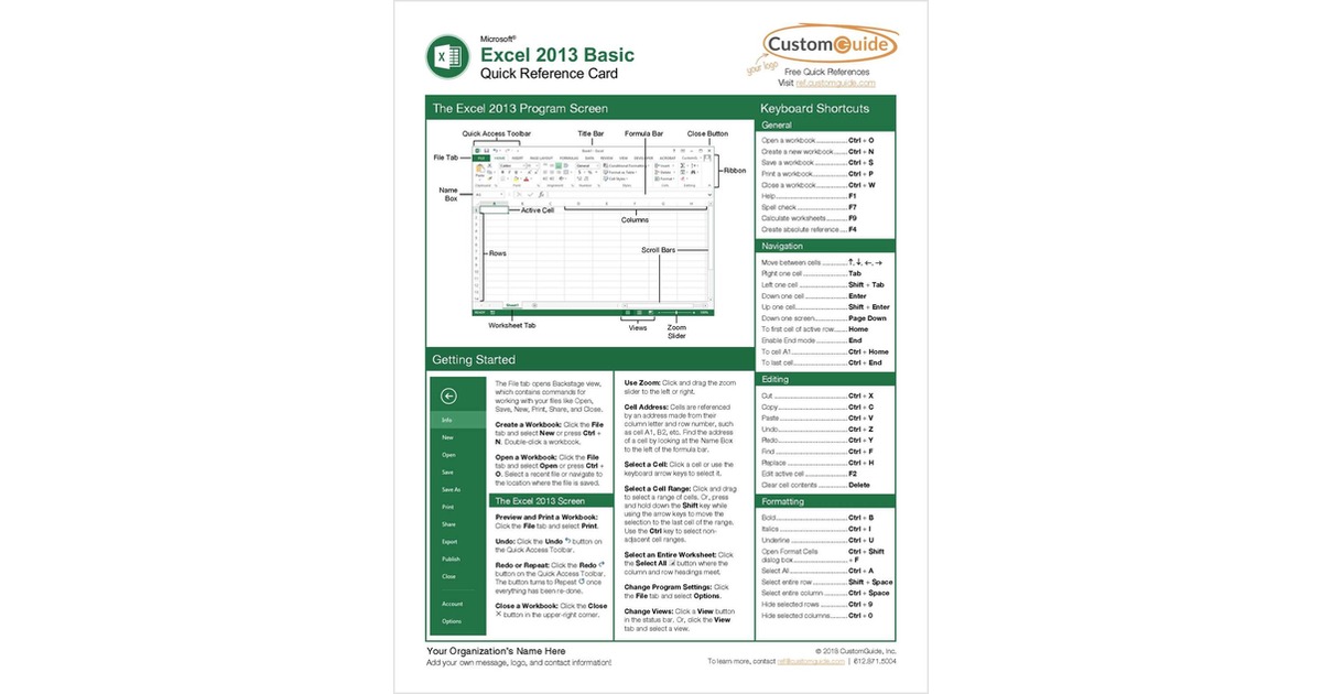 Microsoft Excel 2013 Basic -- Quick Reference Guide
