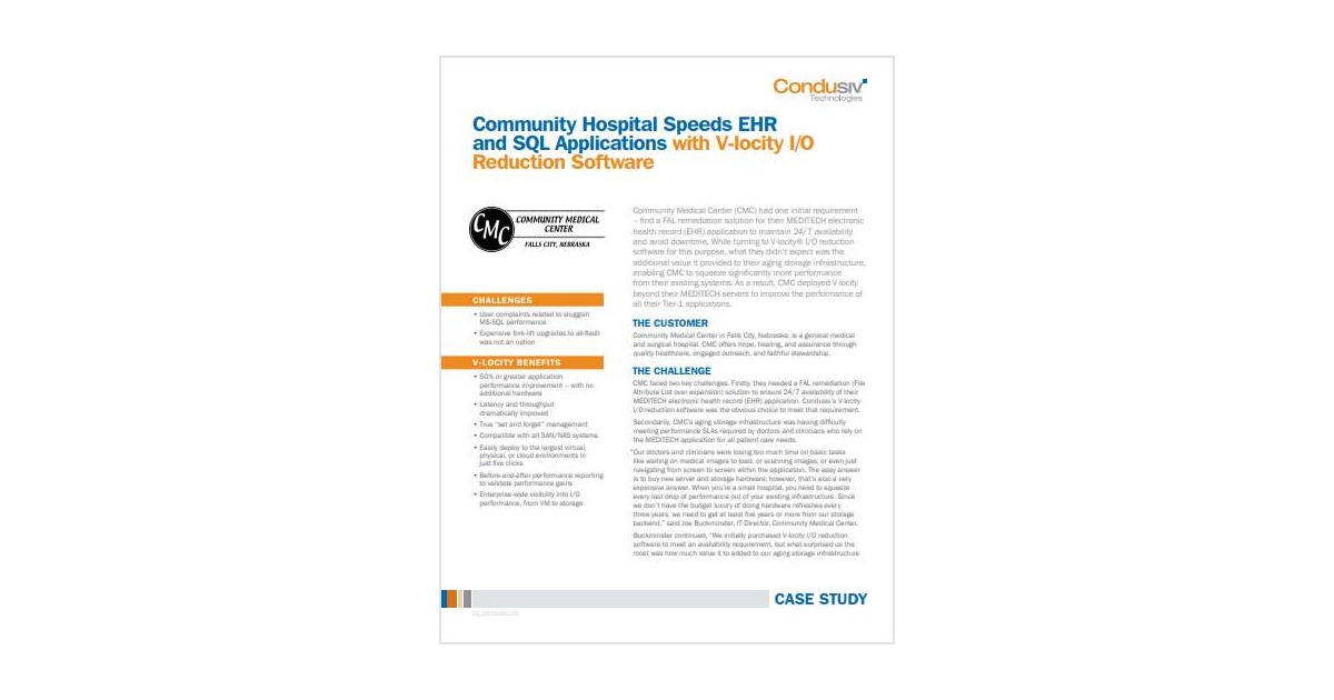 Community Hospital Speeds EHR and SQL Applications with V-locity I/O Reduction Software