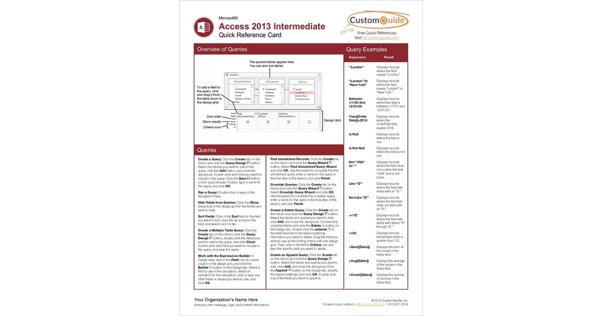 Microsoft Access 2013 Intermediate - Free Quick Reference Card