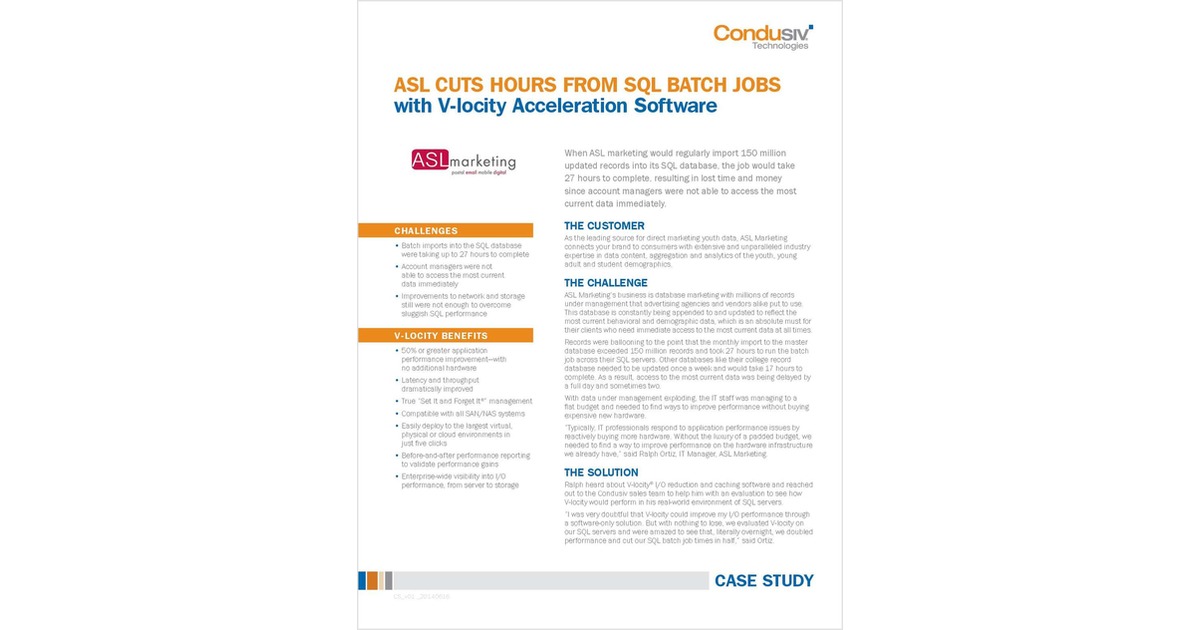 ASL Cuts Hours From SQL Batch Jobs With V-locity I/O Reduction Software