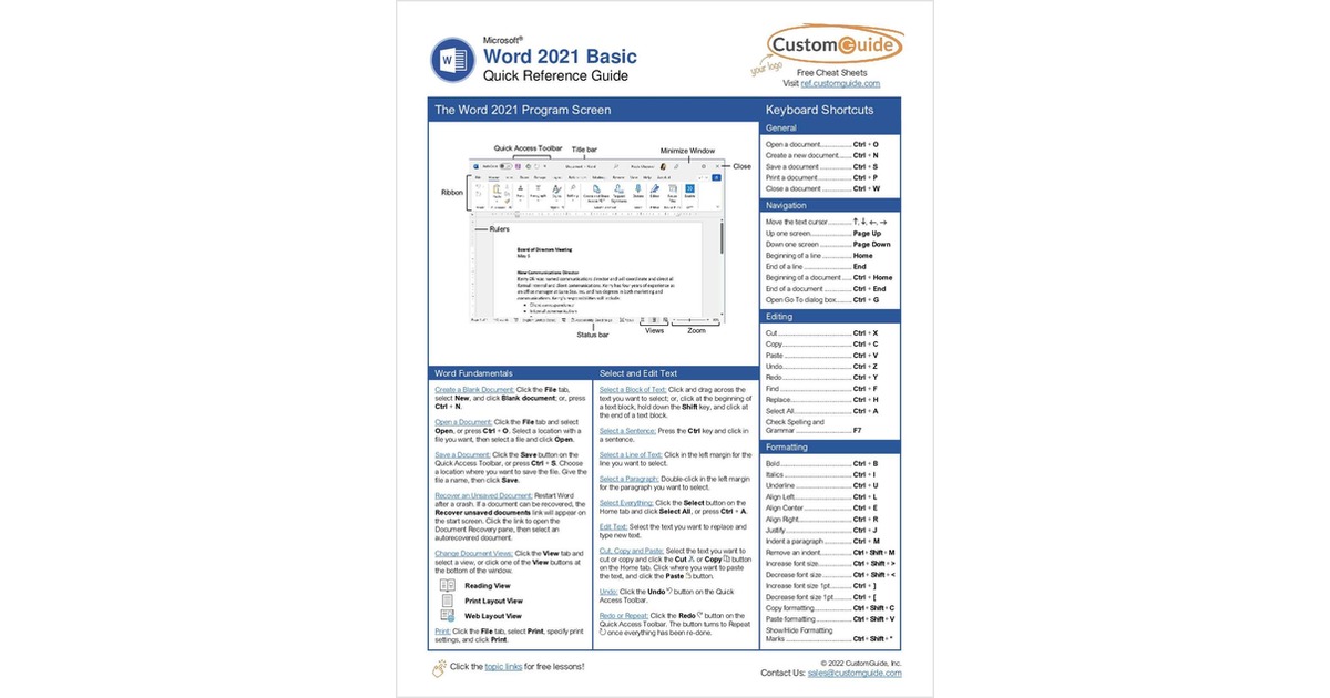 Microsoft Word 2021 Basic -- Free Reference Card