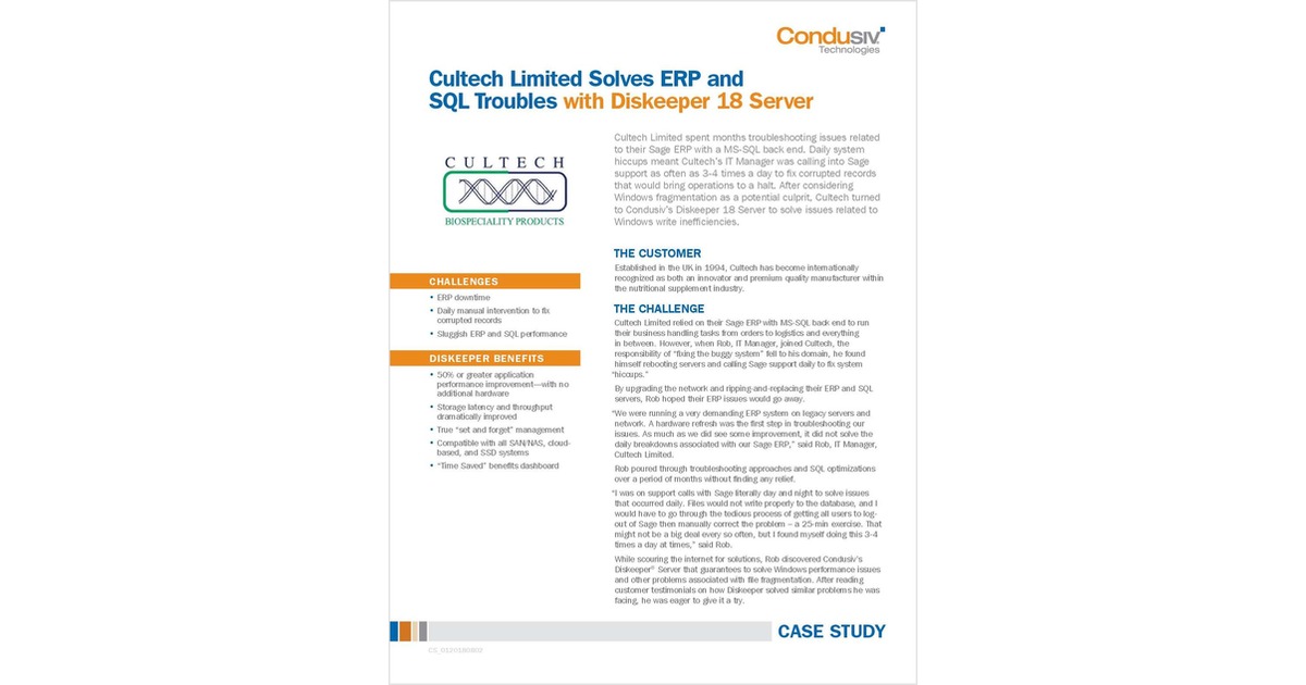 Cultech Limited Solves ERP and SQL Troubles with Diskeeper 18 Server