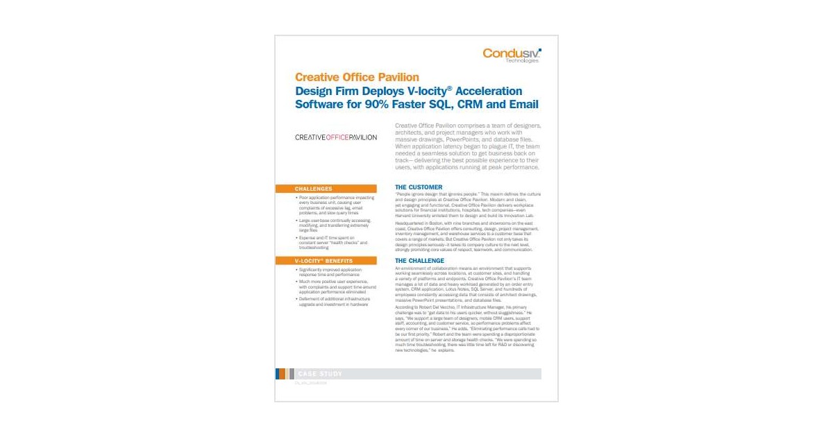 Creative Office Pavilion Design Firm Deploys V-locityÂ® Acceleration Software for 90% Faster SQL, CRM and Email