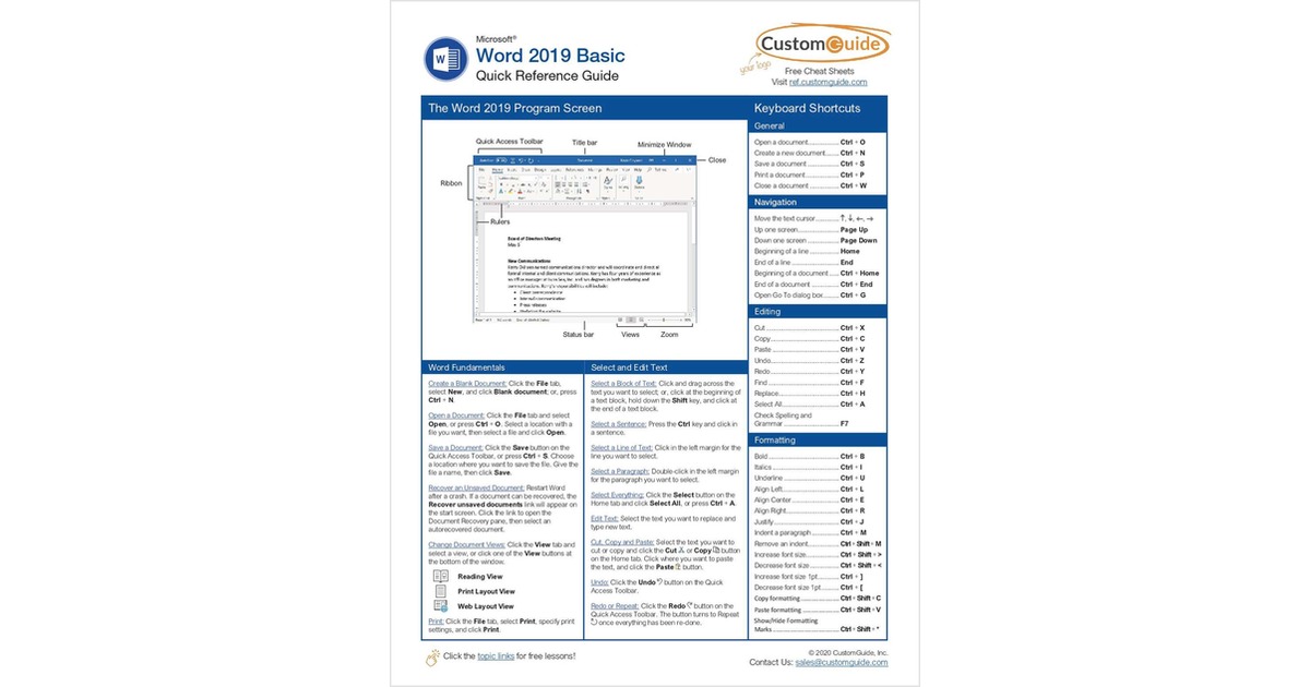 Microsoft Word 2019 Basic -- Free Reference Card