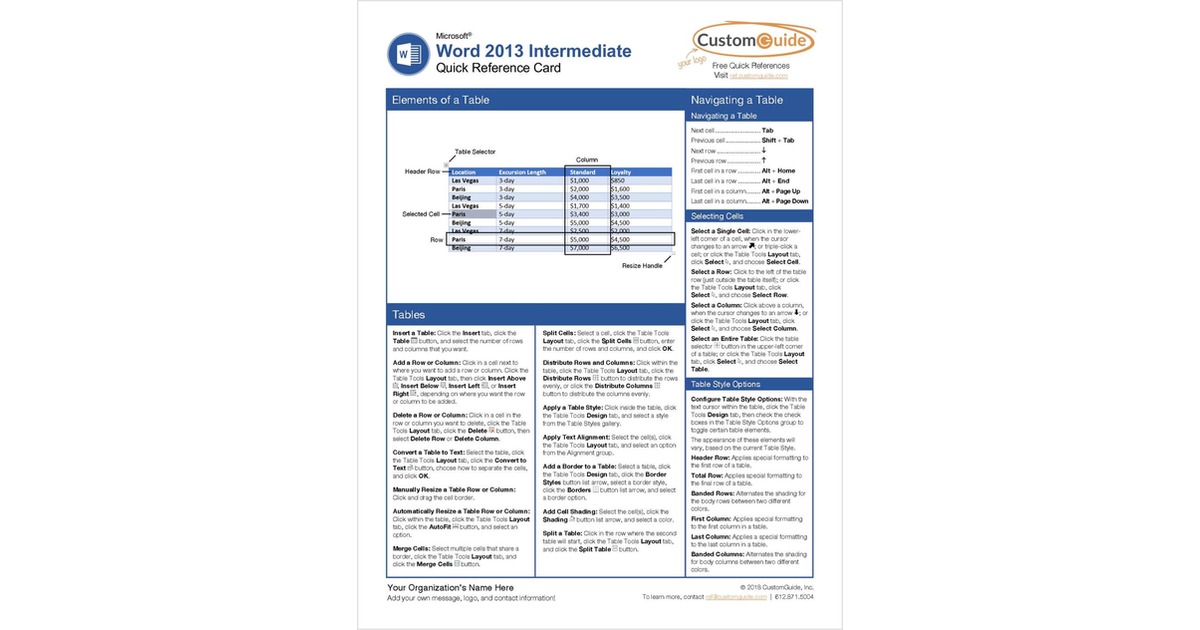 Microsoft Word 2013 Intermediate - Quick Reference Card