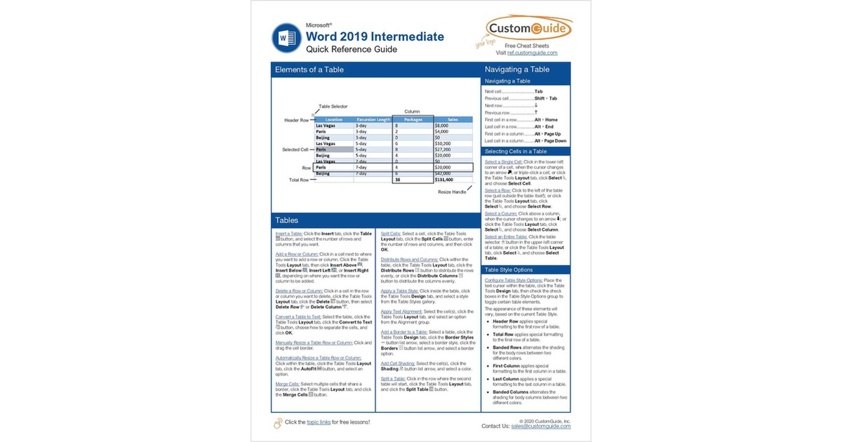 Microsoft Word 2019 Intermediate- Free Reference Card